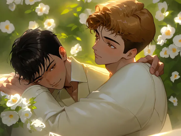 (a handsome,16-year-old hetero boy,black,brown eyes, seduced by a white, gay boy with honey-colored eyes),photorealistic,portrait,highres,ultra-detailed,vivid colors,romantic atmosphere,soft lighting,gentle expressions,subtle emotions,stylish clothing,tend...