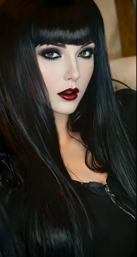 arafed woman with long black hair and a black top, dark hair and makeup, female with long black hair, very sexy woman with black...