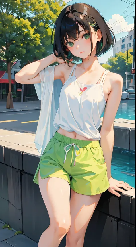 (short cute girl，small young student，young delicate girl）,（masterpiece，Top quality)，Tank top，light green shorts，short sleeve，long black hair，sleepy