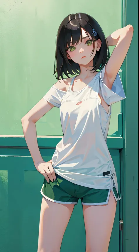 (short cute girl，small young student，young delicate girl）,（masterpiece，Top quality)，Tank top，light green shorts，short sleeve，long black hair，sleepy