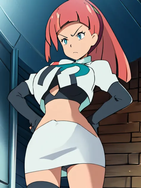 fefelicia, blue gem,feflora, red gem,very large breasts,8k, masterpiece,highres, team rocket uniform, red letter r, white skirt,white crop top,black thigh-high boots, black elbow gloves, glaring angrily, looking down at viewer, hands on hips, cowboy shot, ...