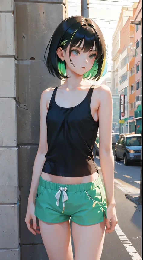 (short cute girl，small young student，young delicate girl）,（masterpiece，Top quality)，Tank top，light green shorts，short sleeve，long black hair，sleepy