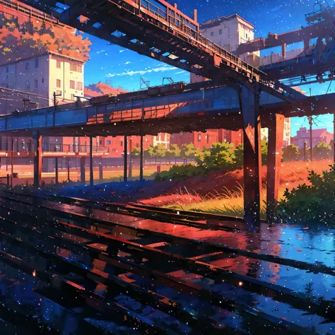 anime train crossing track and sky background, beautiful and harmonious scene, exquisite animation, rich details (width is 672),...