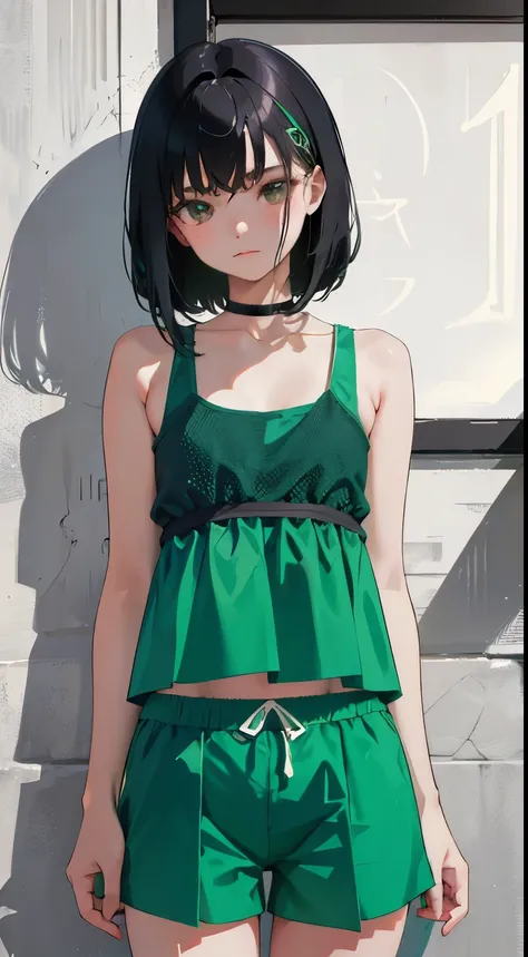 (short cute girl，small young student，young delicate girl）,（masterpiece，Top quality)，Tank top，light green shorts，short sleeve，long black hair，sleepy