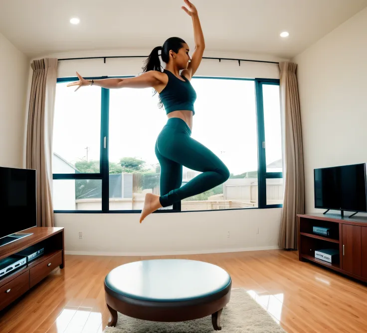 woman standing on a trampol in a living room with a television, bouncing, in a jumping float pose, close full figure, jumping, intricate masterpiece, captured with sony a3 camera, reddit post, fit pic, bottom angle, indoor shot, in an action pose, full bod...