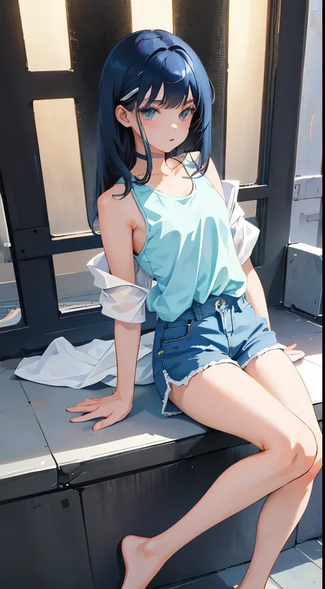 (short cute girl，small young student，young delicate girl）,（masterpiece，Top quality)，sit on the floor，Tank top，light blue shorts，short sleeve，long black hair，sleepy