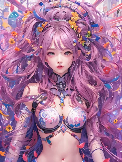 master piece、highest quality、girl、slender、rainbow colored eyes、Hair Coridescent、Long hair that spreads、white skin、Medium、cute、sexy、Hello、near future、bikini、muscle exposed、psychedelic、Trip、Richly colored、paisley、Richly colored、cyberspace、mandala theme、sprea...