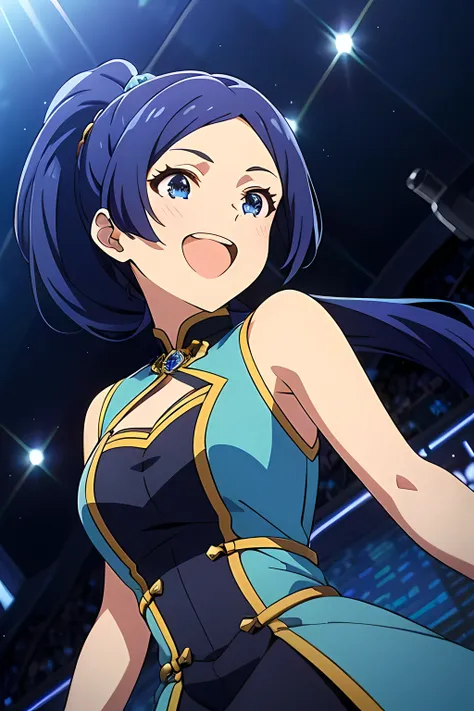 mirishita style, 1girl, solo, long ponytail, dark blue hair, tareme, {idol clothes, masterpiece}, blue eyes, {dynamic angle}, smile, open mouth