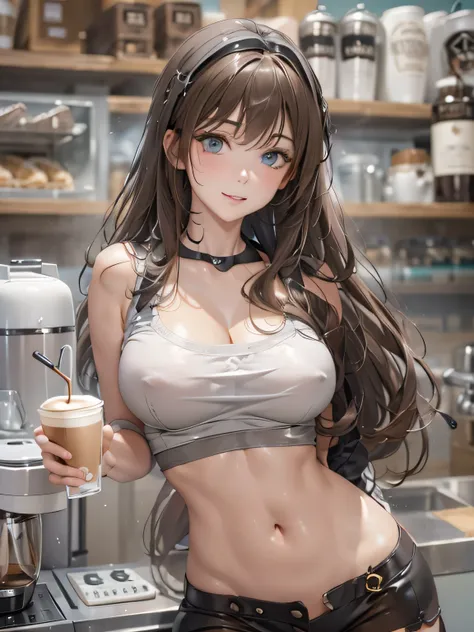 (photorealistic:1.8, highest quality:1.8,8K masterpiece:1.8,High resolution,muste piece:1.8,RAW Photos,cinematic lighting),No split screen、morning、Good Morning、The coffee shop of the future、
 (One android girl brewing delicious coffee:1.3)、choker、coffee sh...