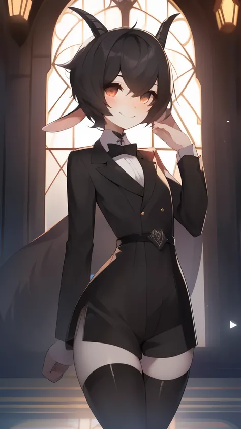 Best quality, Super detailed illustration, (1 boy:1.2), (goat:1.4), (matte black fur color:1.4), feminine face and body, disheveled thick hair, elegant outfit with bow tie, tailcoat, short shorts, Tight stockings, shy smile, femboy, small waist, wide hips,...