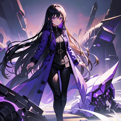 1girl, black straight long hair, Blue eyes, (detailed face), full body, ((intense purple trench coat)), medieval, (grassland background),masterrpiece, black pants, (cute face)