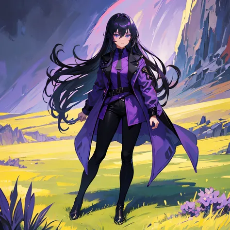 1girl, black straight long hair, Blue eyes, (detailed face), full body, ((intense purple trench coat)), medieval, (grassland background),masterrpiece, black pants, (cute face)