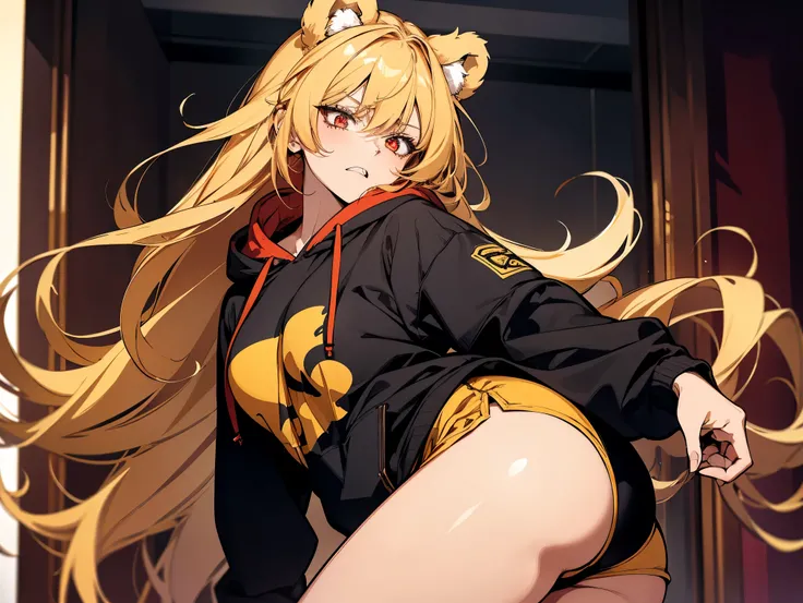 1 female, mommy teacher, wearing dark yellow hoodie, bootyshorts, Thicc, dark yellow hair, long hair, bright red eyes, bear ears, face to detail, detailed eyes, the background is a dark closet, showing her fangs, angry,