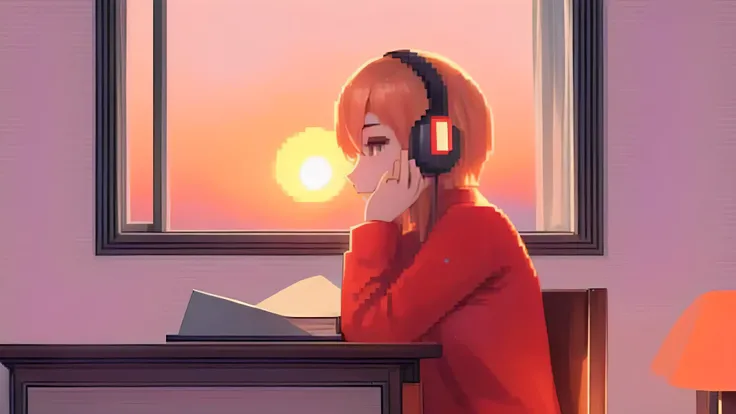 Woman sitting at study table reading book, evening, sunset, beside the window, pixel art, using headphones