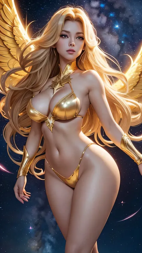 The heroic figure of Starlight, clad in a dazzling white and golden outfit that hugs her voluptuous curves in all the right places. Her long, flowing golden hair cascades down her back, adding to the ethereal quality of her presence. Her skin glows with an...