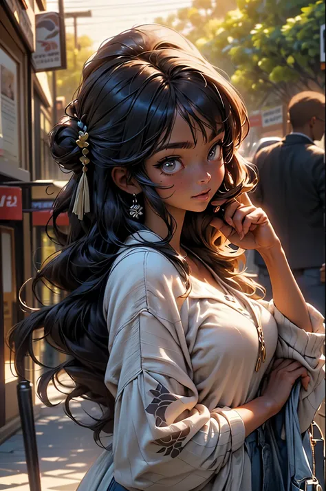 Animagine XL V3.1:1.6, (cropped profile photo), ((1 beautiful young African-American girl with dark and beautiful skin, black hair, anime style hairstyle, Animagine XL style clothes: 1.5)), dynamic pose shopping on a busy street, (Hyper detailed: 1.3), ((e...