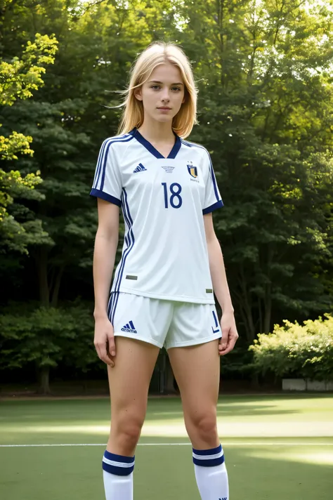 (best quality,highres,realistic:1.2),ultra-detailed,beautiful blonde French girl with a slim figure,18 years old, wearing soccer attire,looking sexy, standing in a realistic setting