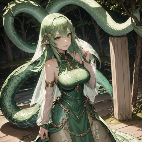 lamia. metallic green fashion. face veil. long gloves. eyes motif hair ornament. swamp. anime style. full body image.