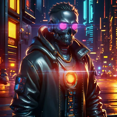 machine, cyberpunk, black leather coat, gold chain, skull head, high-beam eyes, high-res portrait, full body, fantasy, vibrant c...