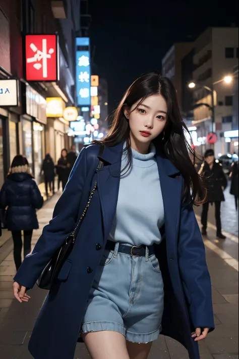 (realistic、highest resolution:1.3)、A woman in a blue coat is walking down the street, 1 Korean beauty, different actions, clothes:random color,