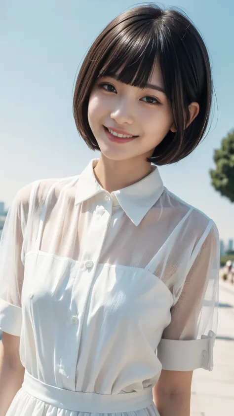 (real photo)（Ultra high definition）（masterpiece）（textured skin）（very detailed）（high quality）（最high quality）（first person perspective）16k ,Sky tree,woman in white dress shirt、smiling、blunt bangs bobcut