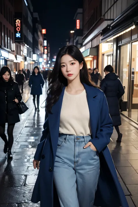 (realistic、highest resolution:1.3)、Delicate facial expression, A woman in a blue coat is walking down the street, 1 Korean beauty, different actions, clothes:random color,