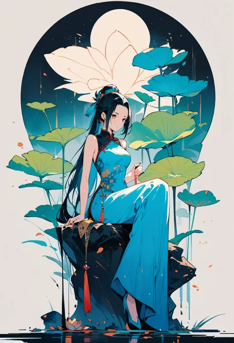 Chinese beauty sitting on stone, wearing chinese clothes, flowing blue tulle, Light silk, lazy posture, big lotus leaf, lotus, ink painting style, clean colors, Decisive cutting, blank, unarmed, masterpiece, super detailed, epic work, high quality, best qu...