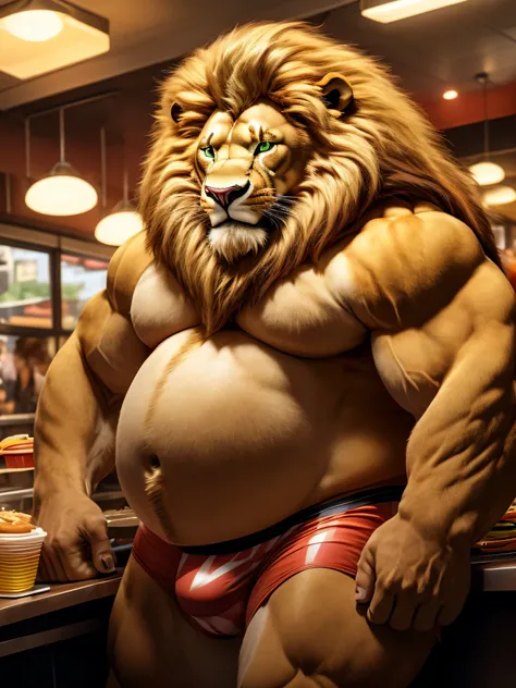 (best quality,4k,highres),realistic,portrait,lion,male,big blonde mane,blond chin,green eyes,not muscular,plump body,round belly,obese,tight and form-fitting underwear,bare chest,in a fast food restaurant with a hamburger