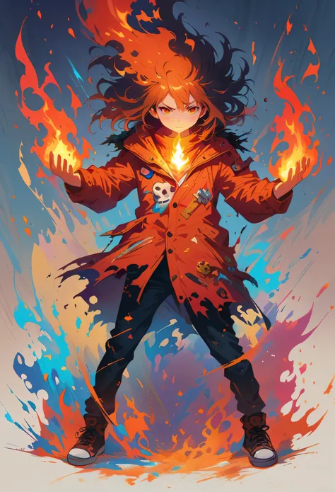 kawaii art with an image of a person with his hands in flames, in the style of grim realism, dark orange and light blue, full body, anime, highly realistic, heavy use of palette knives, urban and edgy 