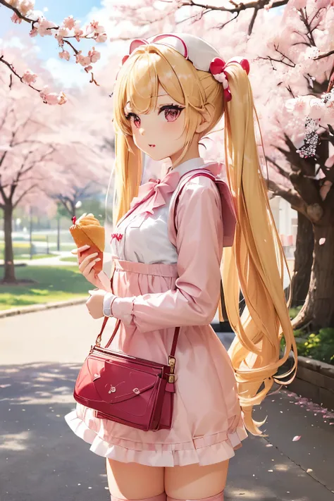 ,((( girl with blonde twin tail,　pink　dress))),cherry blossoms、Cherry blossom viewing,cherry blossoms吹雪,(((おCherry blossom viewingデート))),While eating crepes,(((Pochette))),cherry blossomsの髪留め,(((pie slash))),knee high socks,(((Red Handbag)))