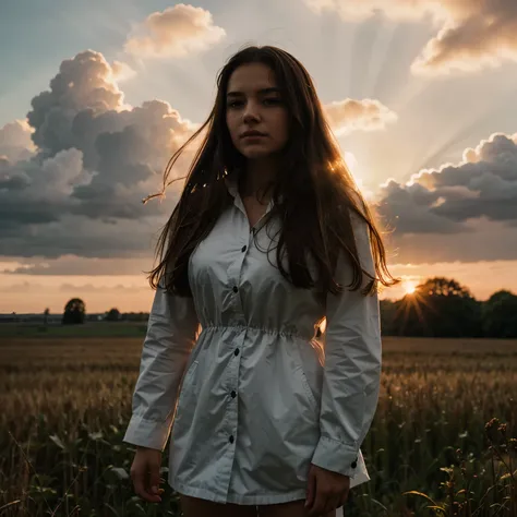 girl standing in field, closeup, portrait, clouds, sunrise