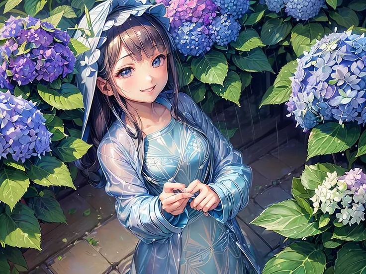 ((highest quality)),(ultra high resolution),(Super detailed),(detailed description),((best CG)),(best work of art),super precision art,amazing drawing art,(Art with precise details:1.5), (girl:1.6),(smile:1.5),(Light blue raincoat:1.6), Rain Wetting the Yo...