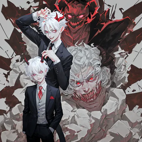 Short demon in a suit, his horns are a little bigger than him, em seu rosto existe um sorriso mostrando suas presas, Furthermore, your eyes are red and your hair is white 