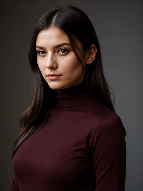 A stunning intricate full color portrait of (sks woman:1), wearing a royal turtleneck dress in burgundy color, dark gray plain background, epic character composition, by ilya kuvshinov, alessio albi, nina masic, sharp focus, natural lighting, subsurface sc...