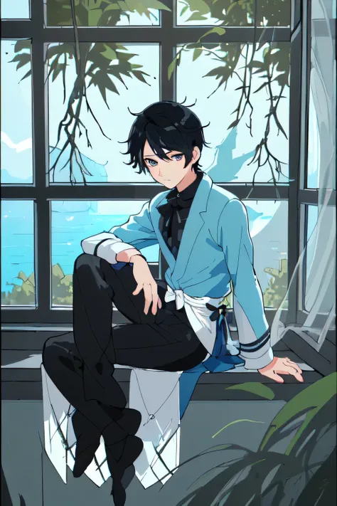 1boy, black hair , blue ocean ayes, intelegent , sitting on the window, beaurefull tree behind the window,beaurefull boy, close ...