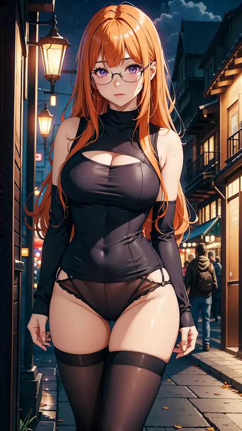 (best quality, masterpiece), Depth of field with a blurry background, Cowboy-themed image: 1.3, Thick thighs: 1.4, Angle: standing, Solo: 1.2, 1girl: 1.5, Long orange hair: 1.2, (Ahoge: 0.9), Glasses: 1.3, Blunt bangs: 1.6, Purple eyes: 1.4, Full-face blus...