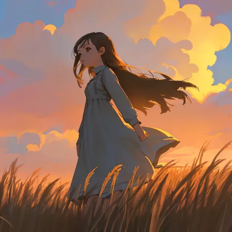 girl standing in field, closeup, portrait, clouds, sunrise