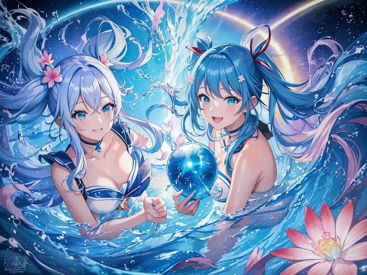 (masterpiece, highest quality, High resolution, anime art style,), (2 girls, light blue long hair、twin tails、bright smile、Abstract in the water), (Romantically, bloom, Swirling Lights, particles of light),Splash Party、splash art