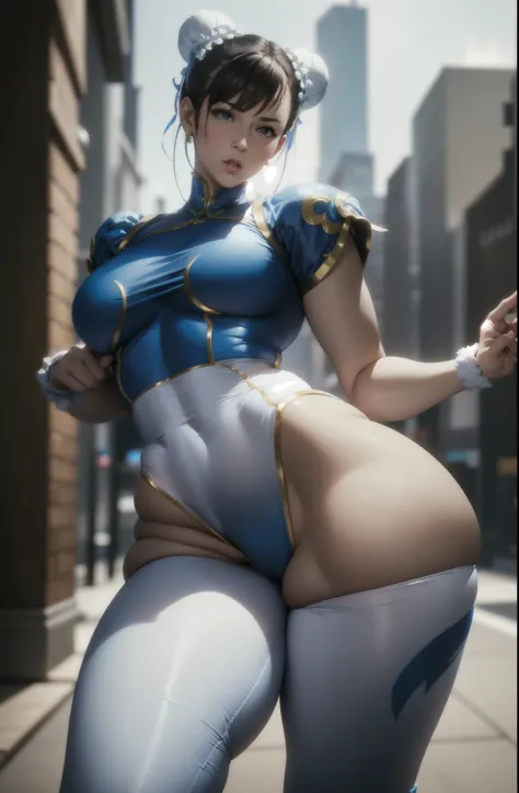 araffe dressed in a blue and white outfit posing for a picture, chun - li, chun-li, chun li, portrait of chun - li, thicc, portrait of chun li, chun li at the gym, cammy, most strongest pose, cutesexyrobutts, strong pose, powerful pose, character is in her...