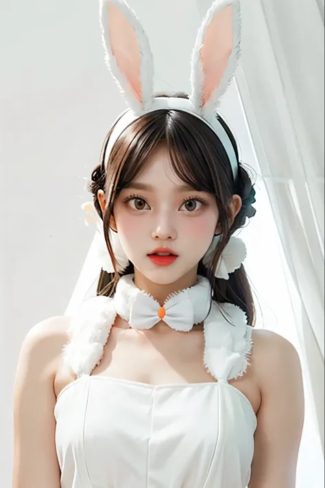 1 woman, White dress, white background,  rabbit headband, carrot prop