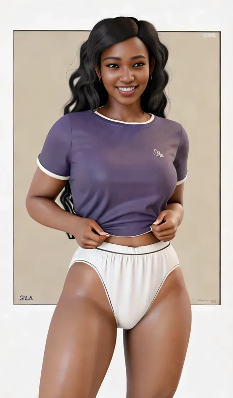 ((masterpiece, best quality)), ((24 year old)), (((Curvy))), ((Black woman with long black curly hair)), pulling up ((white cotton panties)) purple shirt, smiling, (((realistic 3d animated movie art style)))