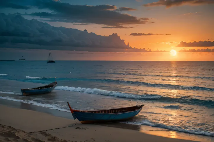 landscape photography，8K, best quality, (lifelike:1.4), original photo, early morning，Blue sea，sea level，A red sun burst out from the horizon，There are birds in the sky，There are boats in the distance，  beach，coconut tree，Flat beat，National Geographic,，add...