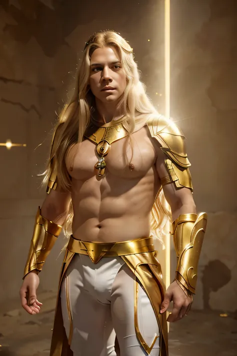 A man with long golden hair as if he were a god, white eyes emitting a golden light and around his body a golden aura wearing white leggings and a white cloth gauntlet on his arms
