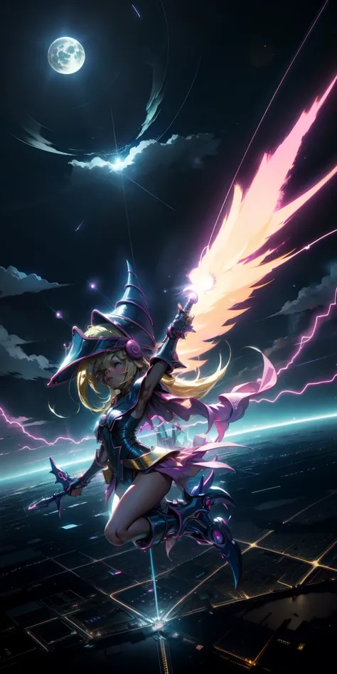 Mujer preciosa dark magician girl ( neon cyberpunk ), The neon sings, neon lighting, RTX chica maga oscura iluminando volando en el aire. Encima de la ciudad a media noches. Luna llena. Cielos de estrellas. Mago oscuro volando