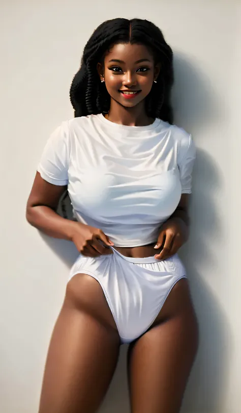 ((masterpiece, best quality)), ((24 year old)), (((Curvy))), ((Black woman with long black curly hair)), pulling up ((white cotton panties)), (white shirt), smiling, (((realistic art style)))