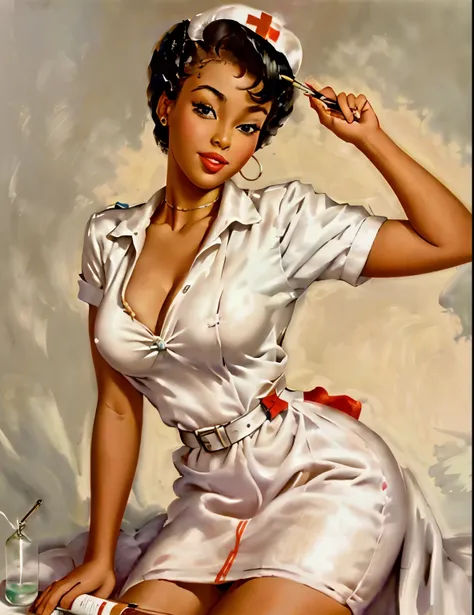 pin-up girl, african, nurse, holding a large syringe