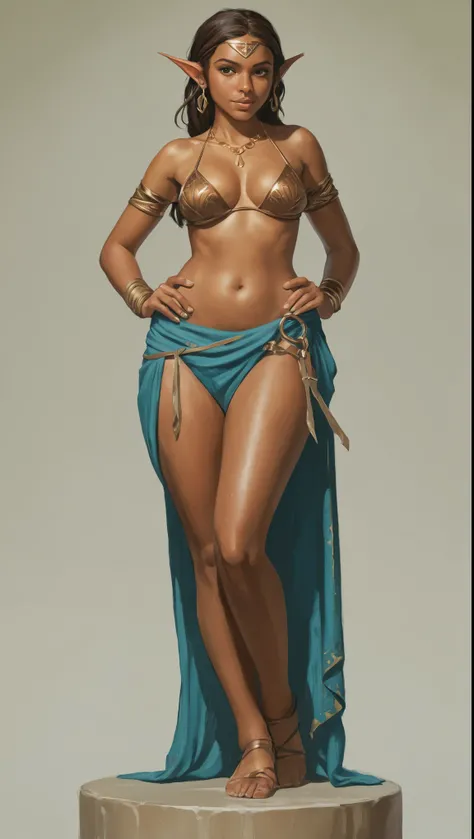 An illustrated movie poster, hand-drawn, full color, a teenage elven girl, wearing a sarong bikini, sun-tanned complexion, very tall, athletic body, hourglass figure, curvy, slightly chubby, bottom-heavy, generous hips, massive bubble-butt, long legs, ridi...