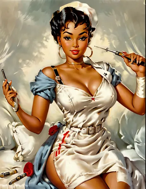 pin-up girl, african, nurse, holding a large syringe 