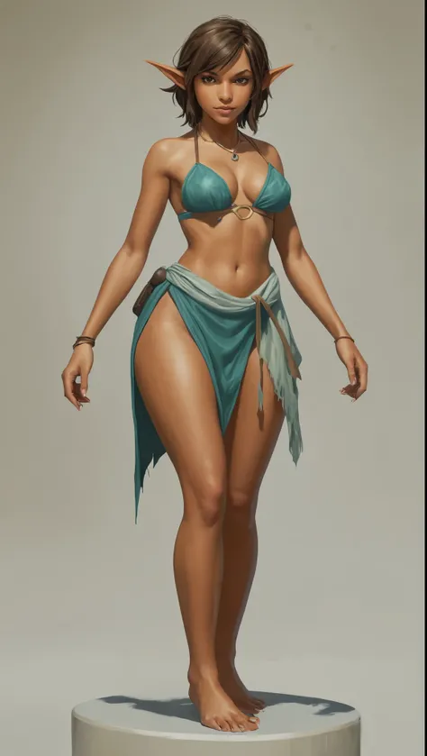 An illustrated movie poster, hand-drawn, full color, a teenage elven girl, wearing a sarong bikini, sun-tanned complexion, very tall, athletic body, hourglass figure, curvy, slightly chubby, bottom-heavy, generous hips, massive bubble-butt, long legs, ridi...