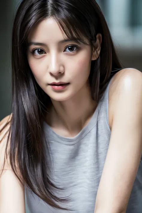 (masterpiece:1.3), (Photorealsitic, Raw photography, top-quality: 1.4), Skinny Japanese woman, 30 years old, (1girl in), (Lifelike face), detailed face, detailed eyes, (A dark-haired, Long hair:1.3), (real looking skin), (silver camisole), Ultra high resol...